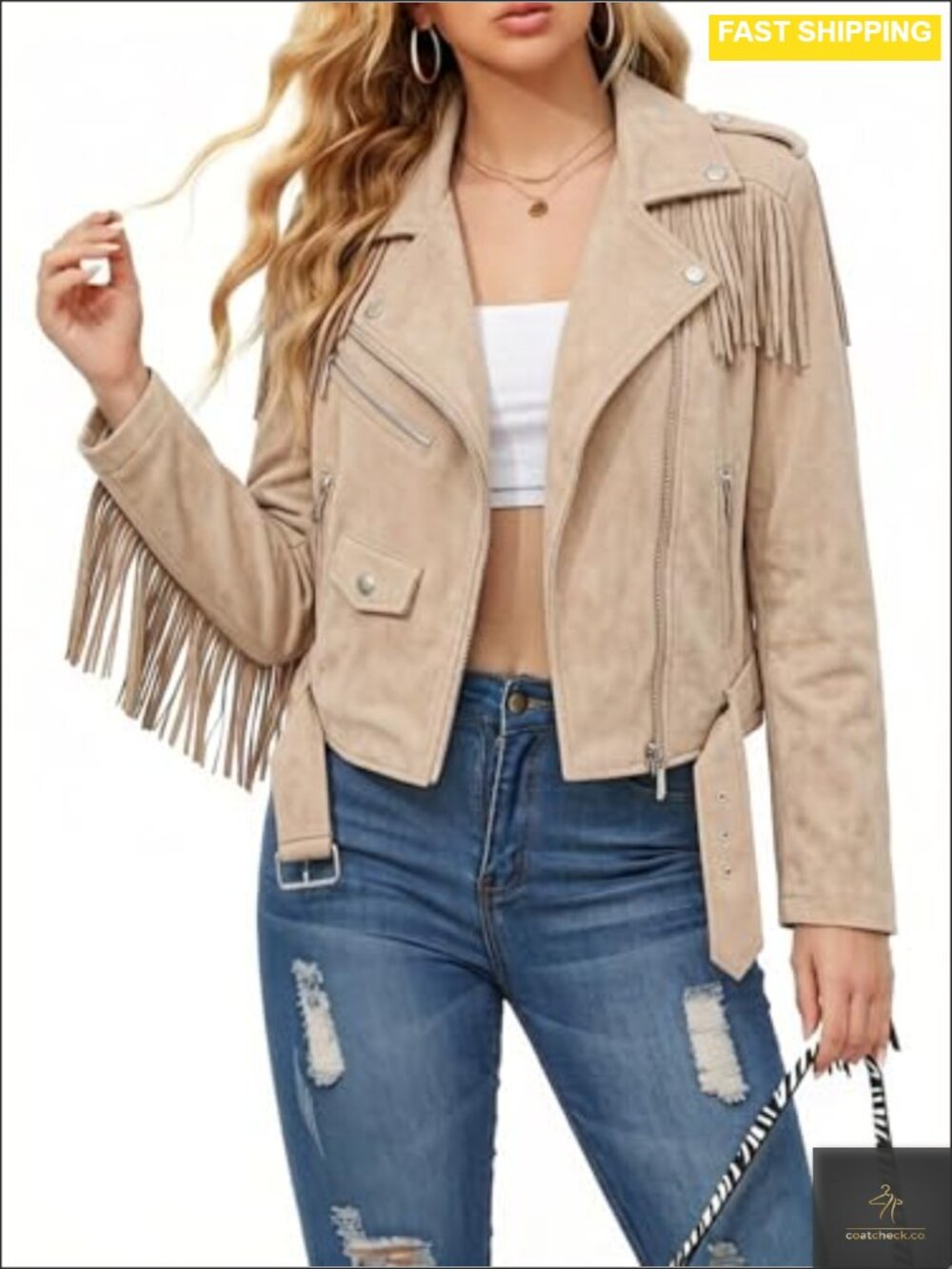 Faux Leather Moto Jacket Belted Tassel Trim Fringe Biker